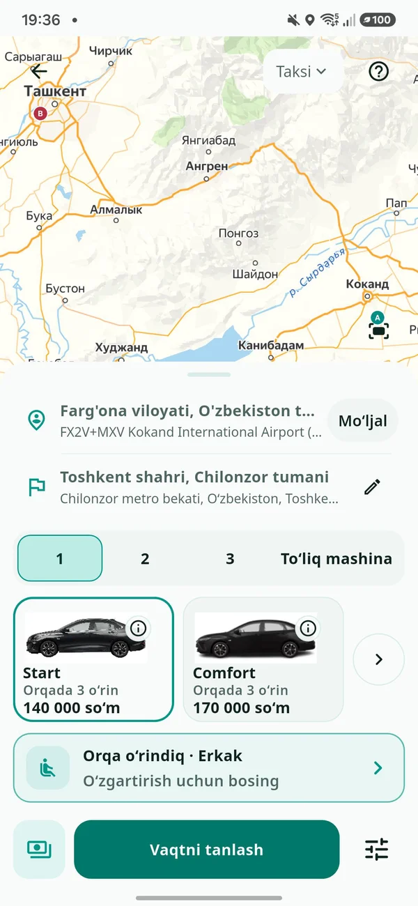 Tashkent Go ilovasida Qo‘qon aeroportidan Chilonzor metro bekatiga safar tanlashning o‘zbekcha ekrani